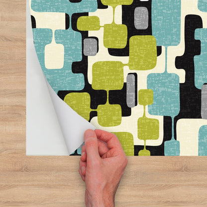 kate-mcenroe-nyc Mid Century Modern Abstract Peel and Stick Wallpaper Panels in Retro Teal, Lime Green, Gray, and Cream Hues Wallpaper