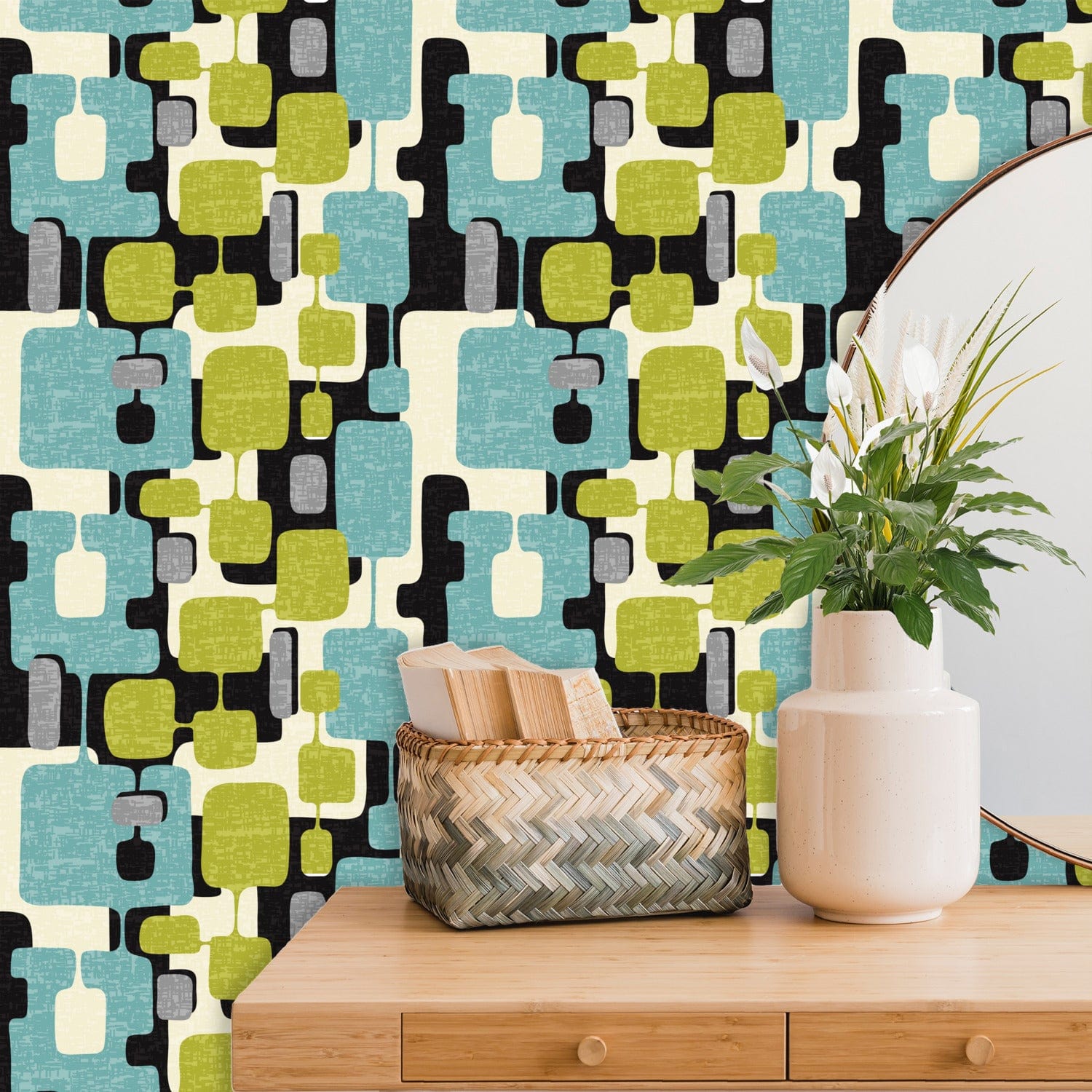 kate-mcenroe-nyc Mid Century Modern Abstract Peel and Stick Wallpaper Panels in Retro Teal, Lime Green, Gray, and Cream Hues Wallpaper