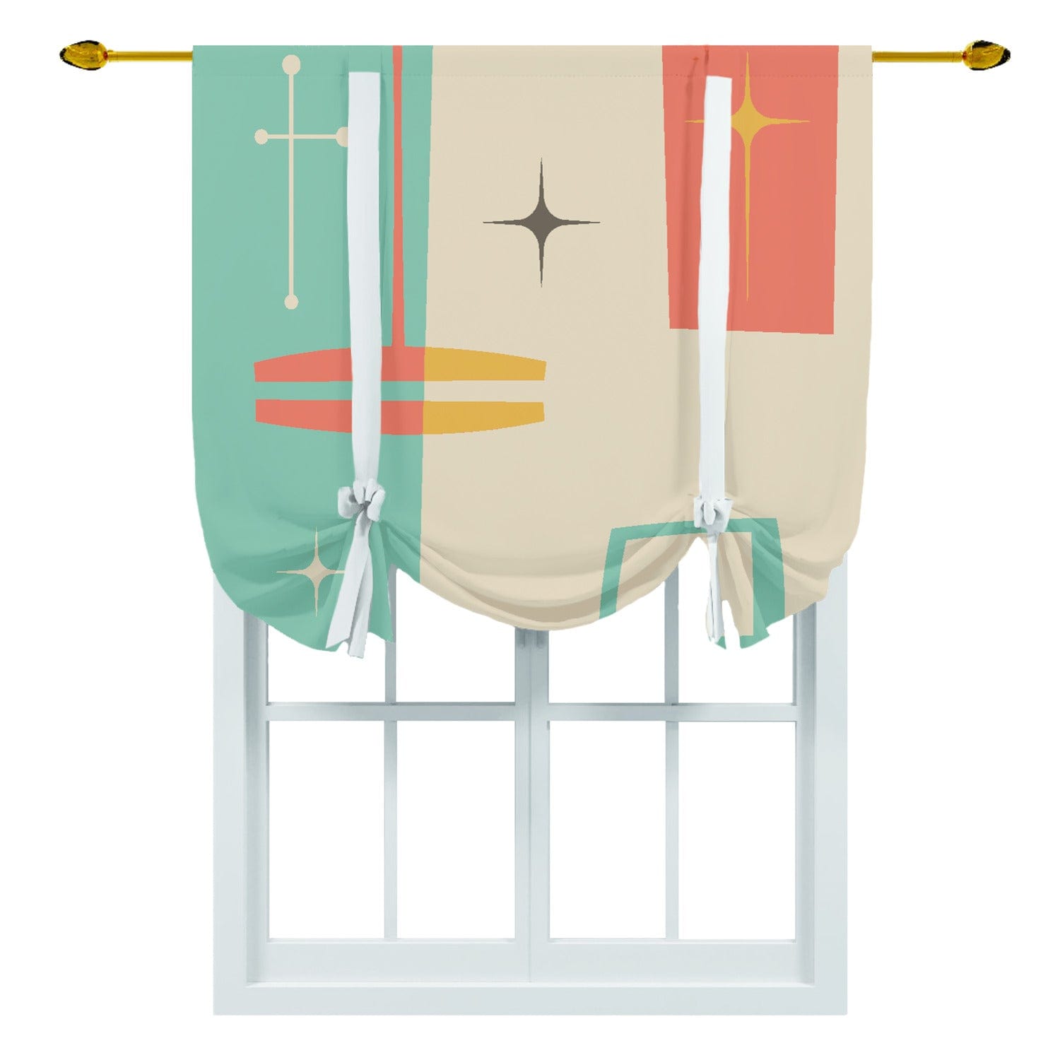 kate-mcenroe-nyc Mid Century Modern Retro Geometric Abstract Tie Up Curtain for Kitchen and Bathroom in Teal, Orange Cream, and Yellow Tie-up Curtains 77147