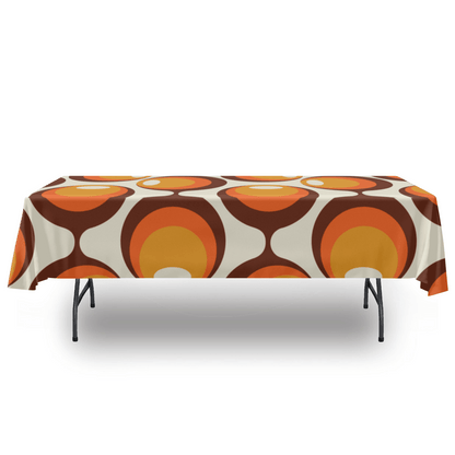kate-mcenroe-nyc Mid Century Modern Retro Groovy Orbs Tablecloth, Atomic Age Vintage Style Orange, Brown, Yellow Table Linens Tablecloths