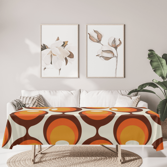 kate-mcenroe-nyc Mid Century Modern Retro Groovy Orbs Tablecloth, Atomic Age Vintage Style Orange, Brown, Yellow Table Linens Tablecloths