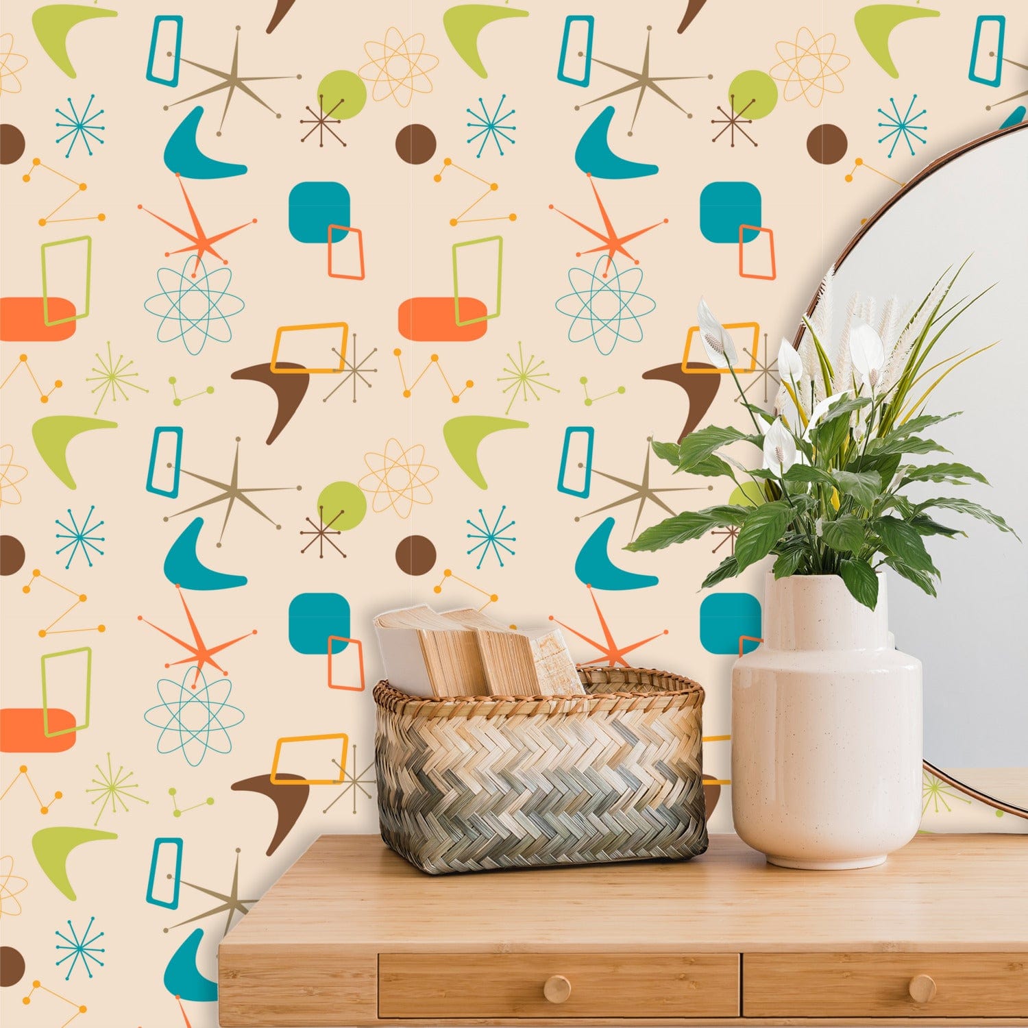kate-mcenroe-nyc Retro Mid Century Modern Boomerang Starburst Peel and Stick Wallpaper Panels Wallpaper