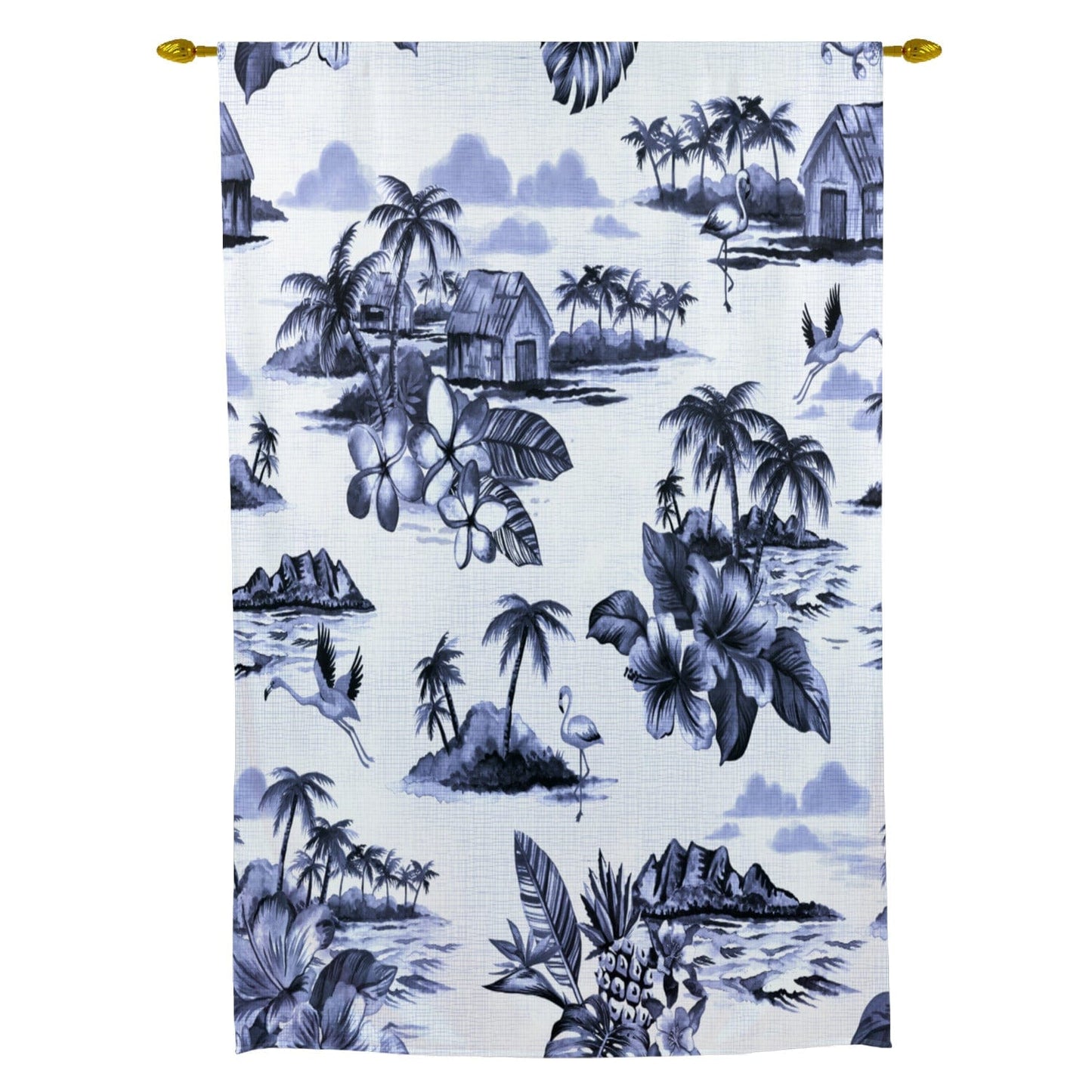 kate-mcenroe-nyc Tie Up Curtain in Vintage Hawaiian Tropical Island Scenes Navy Blue Curtains 55755