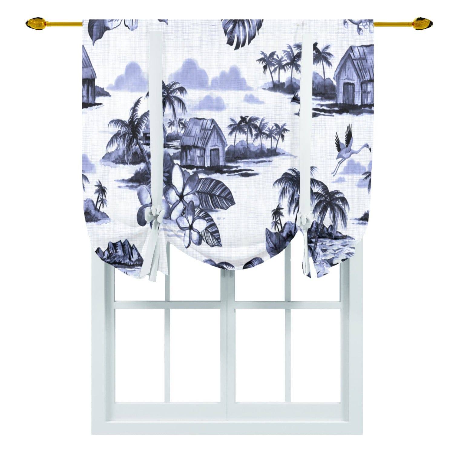 kate-mcenroe-nyc Tie Up Curtain in Vintage Hawaiian Tropical Island Scenes Navy Blue Curtains 55755