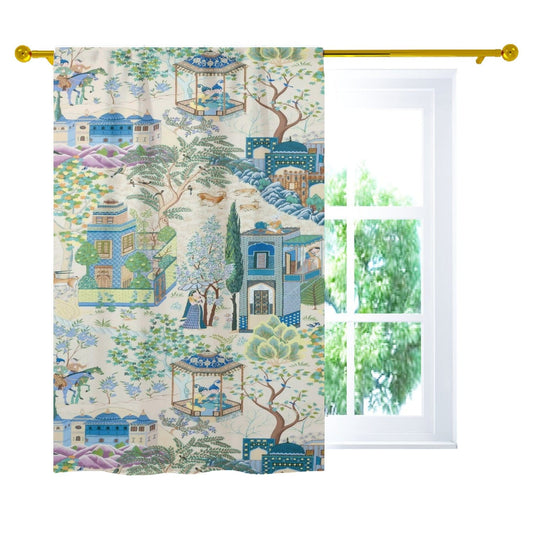 kate-mcenroe-nyc Vintage French Toile De Jouy Opaque Window Curtains, Blue, Green Floral Print, Traditional Asian Country Scene, Rustic Chic Window Coverings Curtains W42"x L63" 97402