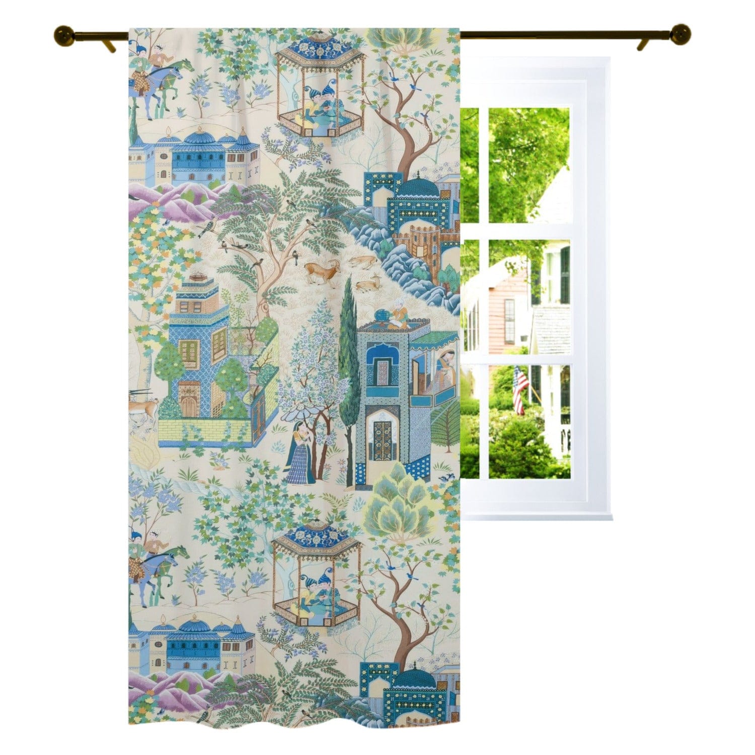 kate-mcenroe-nyc Vintage French Toile De Jouy Opaque Window Curtains, Blue, Green Floral Print, Traditional Asian Country Scene, Rustic Chic Window Coverings Curtains W42&quot;x L84&quot; 97407