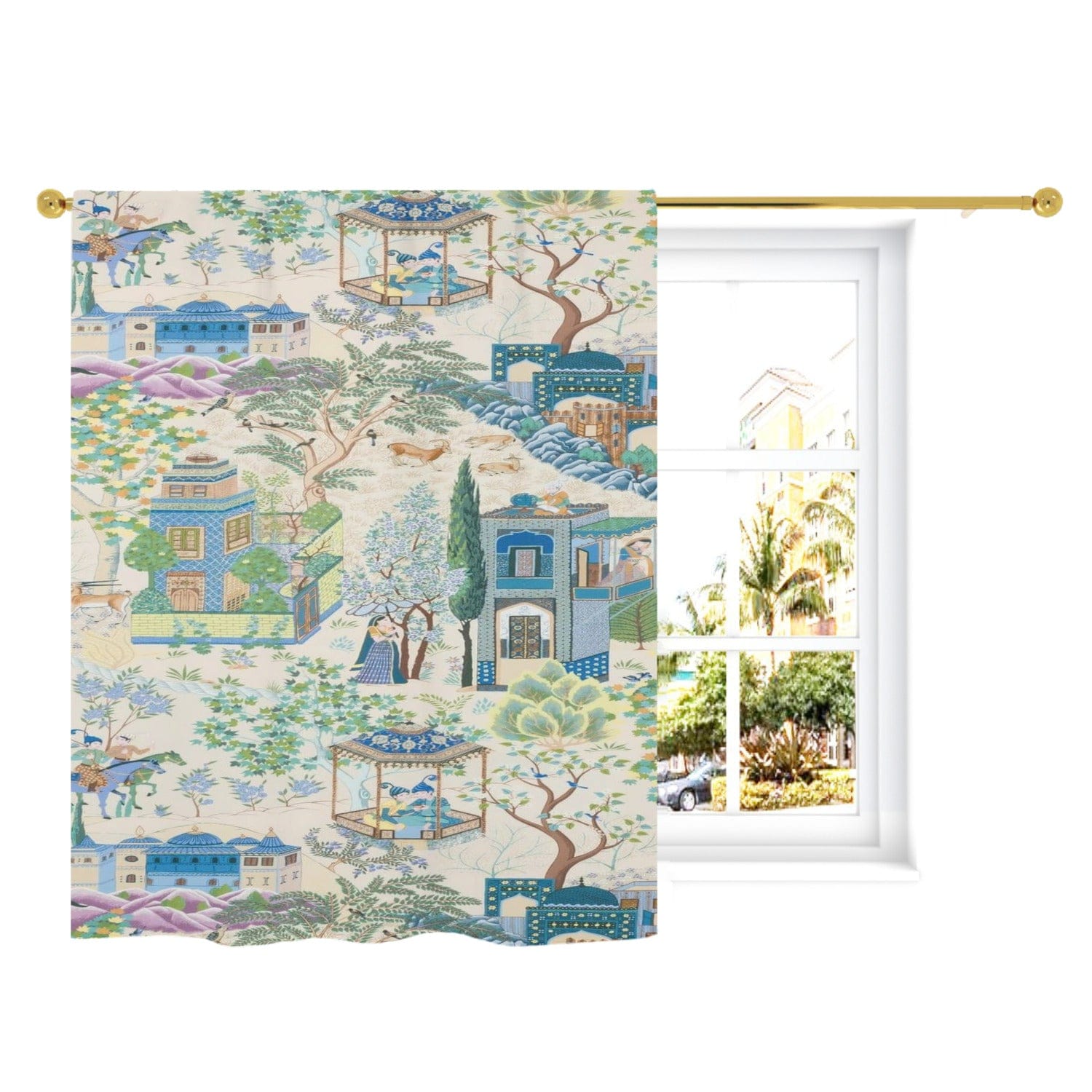 kate-mcenroe-nyc Vintage French Toile De Jouy Opaque Window Curtains, Blue, Green Floral Print, Traditional Asian Country Scene, Rustic Chic Window Coverings Curtains W52&quot;x L63&quot; 97404