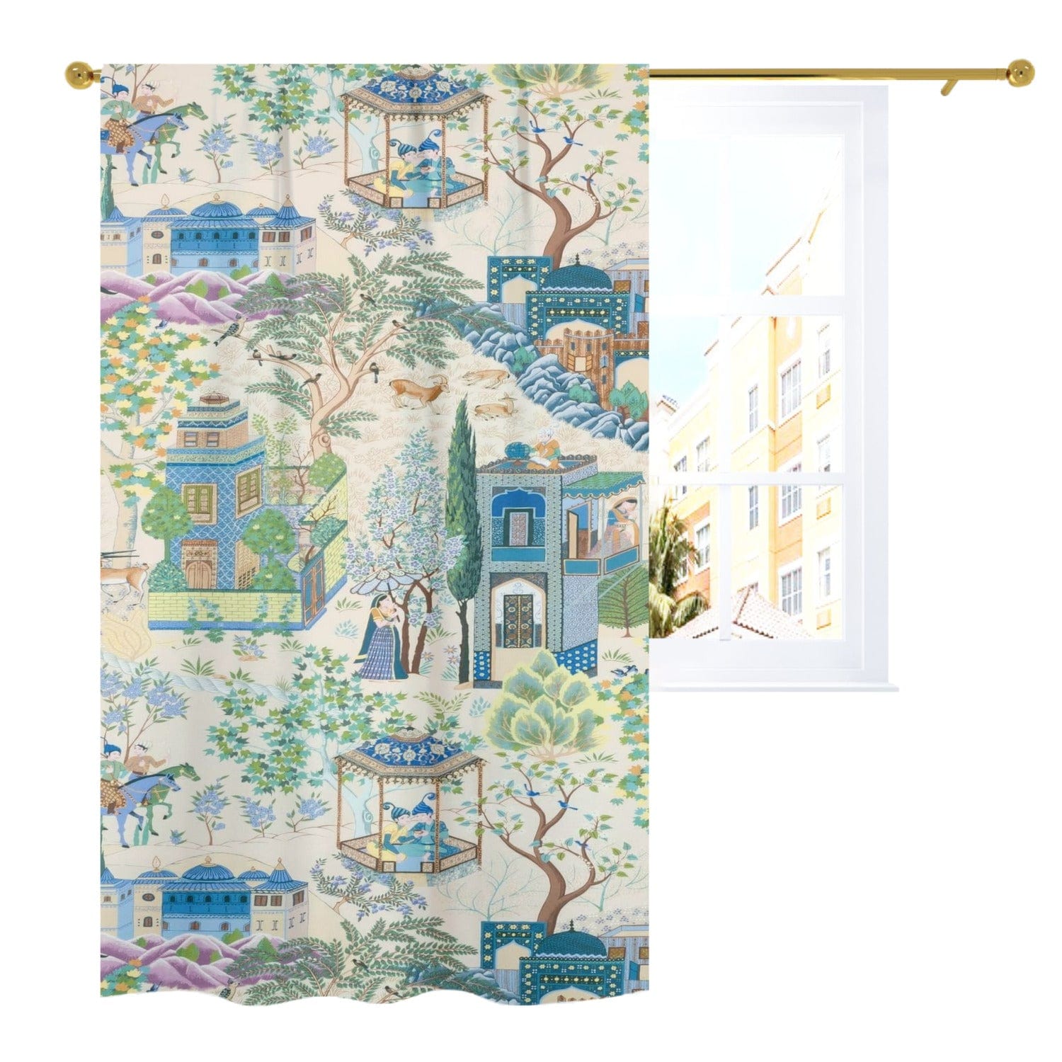 kate-mcenroe-nyc Vintage French Toile De Jouy Opaque Window Curtains, Blue, Green Floral Print, Traditional Asian Country Scene, Rustic Chic Window Coverings Curtains W52&quot;x L84&quot; 97405