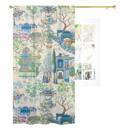 kate-mcenroe-nyc Vintage French Toile De Jouy Opaque Window Curtains, Blue, Green Floral Print, Traditional Asian Country Scene, Rustic Chic Window Coverings Curtains W52&quot;x L96&quot; 97406