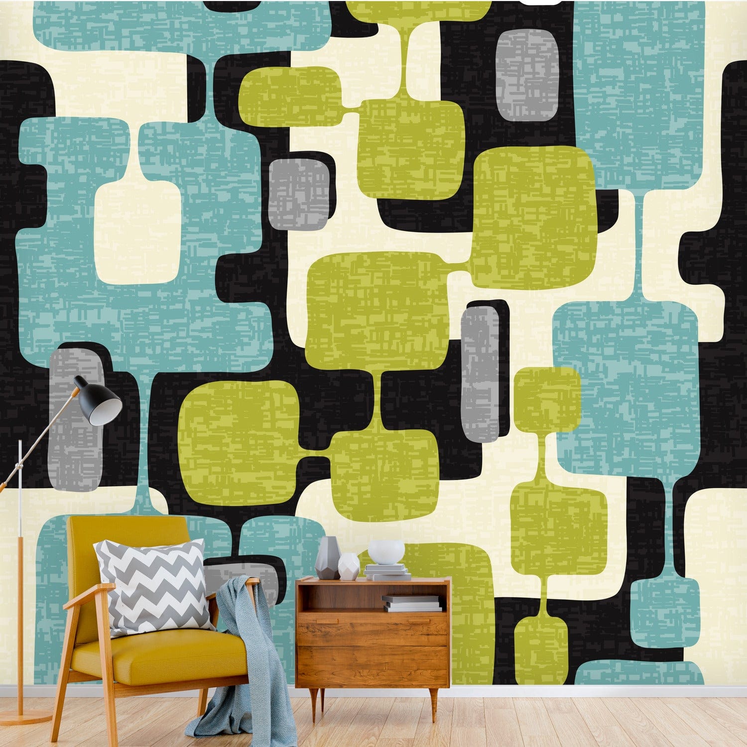 kate-mcenroe-nyc Wall Mural - Mid Century Modern Abstract, Retro Teal, Lime Green, Gray, Black MCM Wallpaper, Vintage Style Geometric Wall Covering Wall Mural H110 x W120 80729