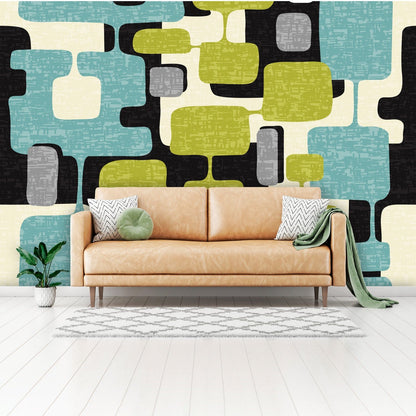 kate-mcenroe-nyc Wall Mural - Mid Century Modern Abstract, Retro Teal, Lime Green, Gray, Black MCM Wallpaper, Vintage Style Geometric Wall Covering Wall Mural H110 x W160 80730