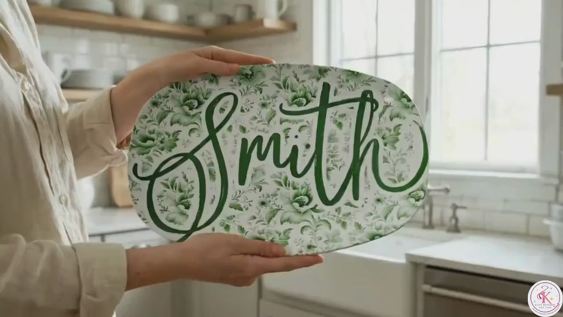 Personalized Green Chinoiserie Family Name Platter Custom Farmhouse Serving Tray
