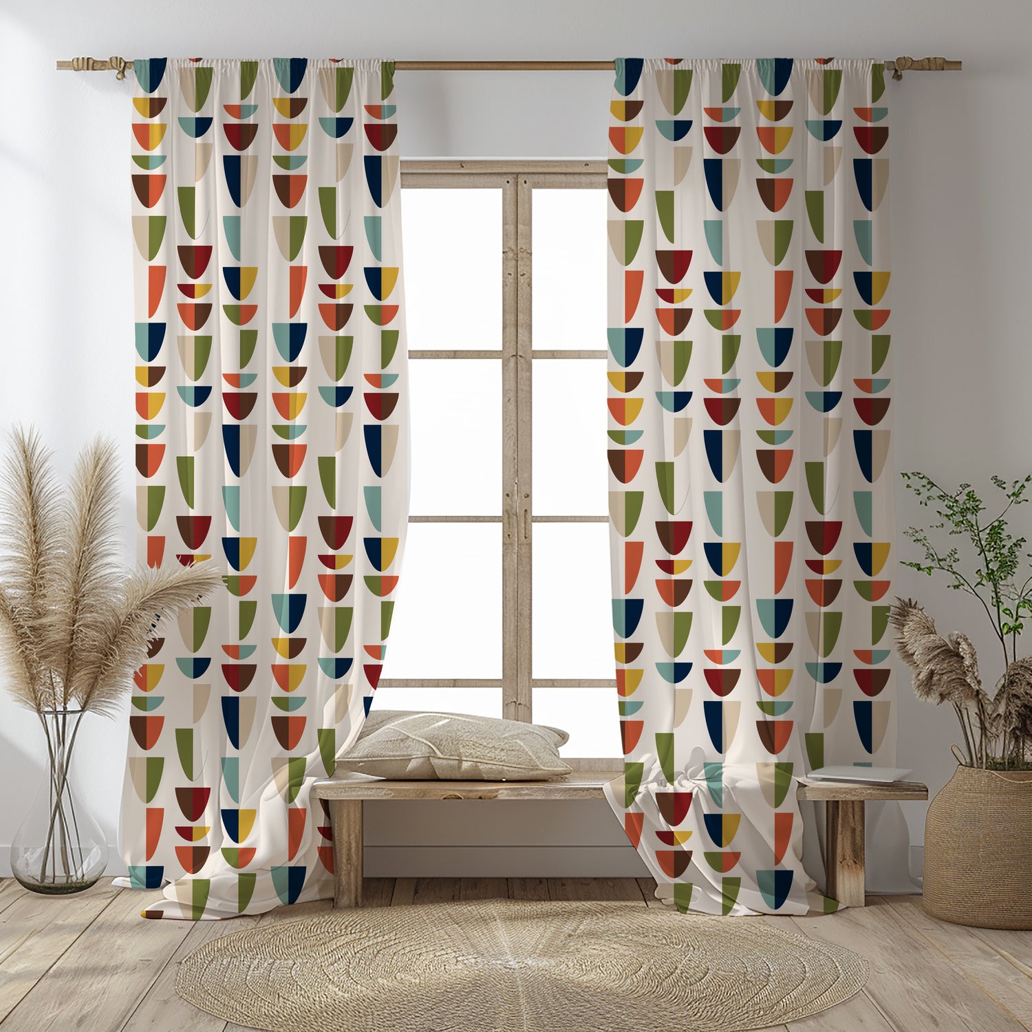 Mid Century Modern Retro Geometric Abstract Sheer Curtain Panel