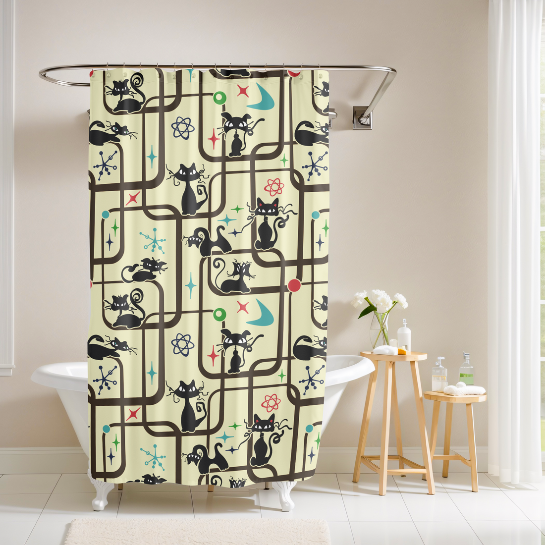 Mid Century Modern Kitschy Atomic Cat Geometric Bathroom Shower Curtain