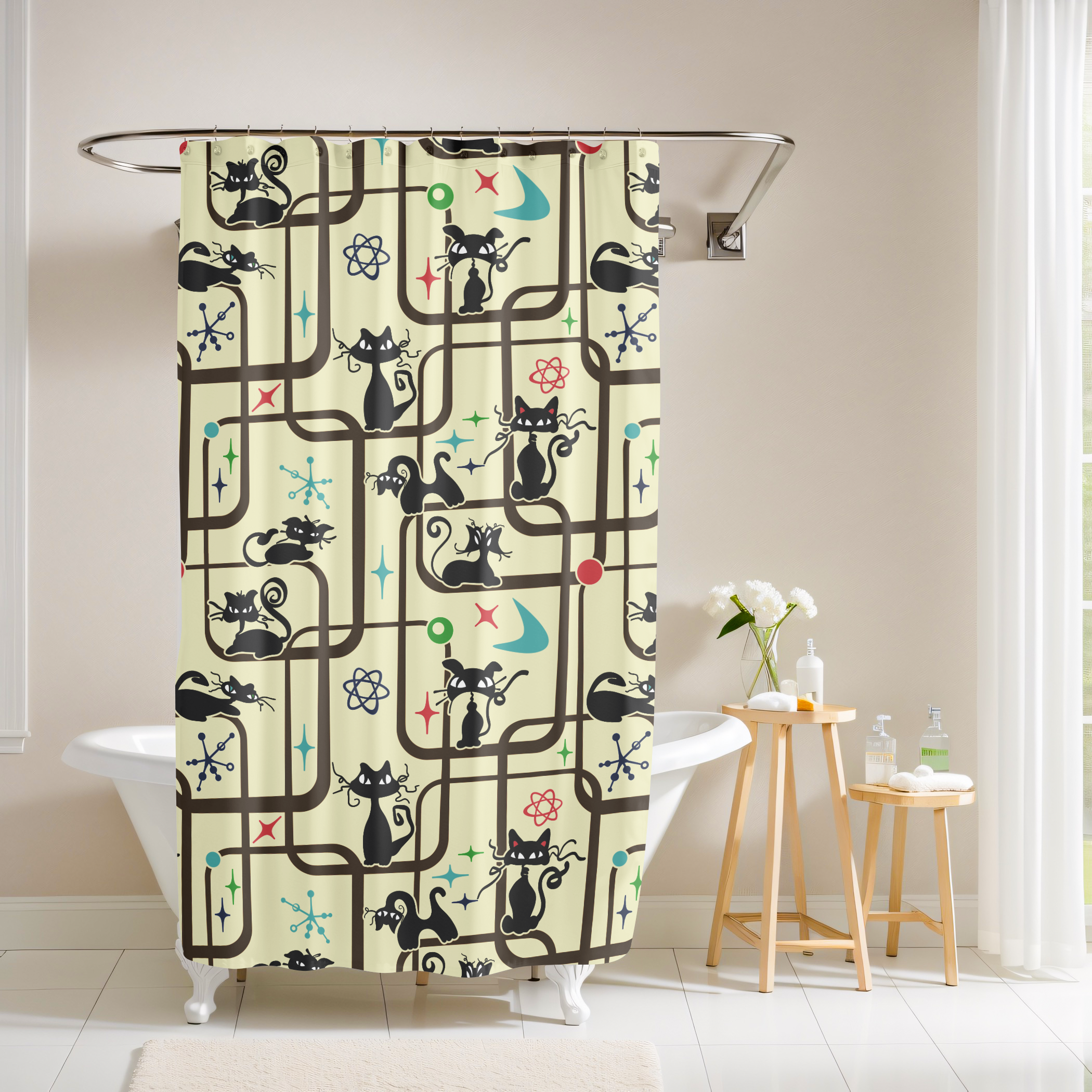 Mid Century Modern Kitschy Atomic Cat Geometric Bathroom Shower Curtain
