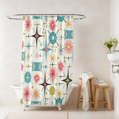Retro Atomic Starburst Shower Curtain Mid Century Modern Bathroom Decor