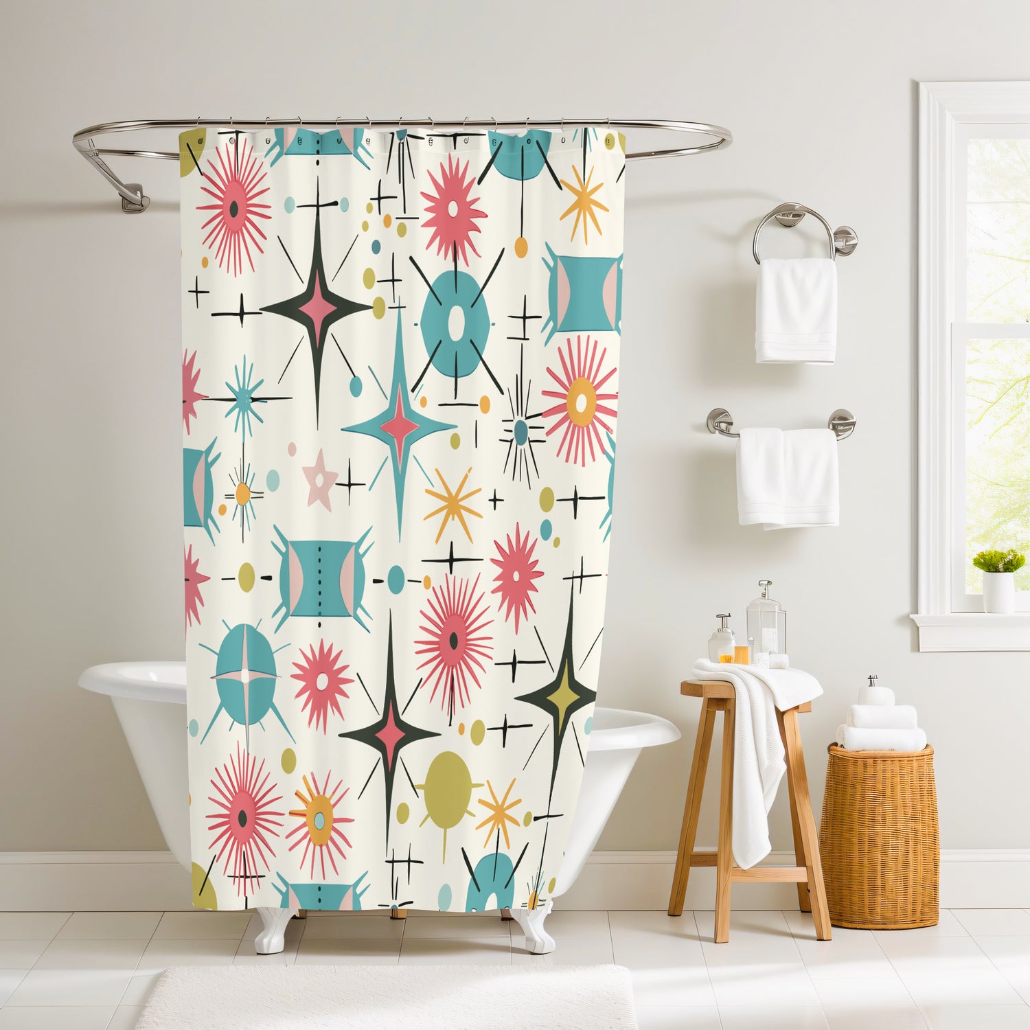 Retro Atomic Starburst Shower Curtain Mid Century Modern Bathroom Decor
