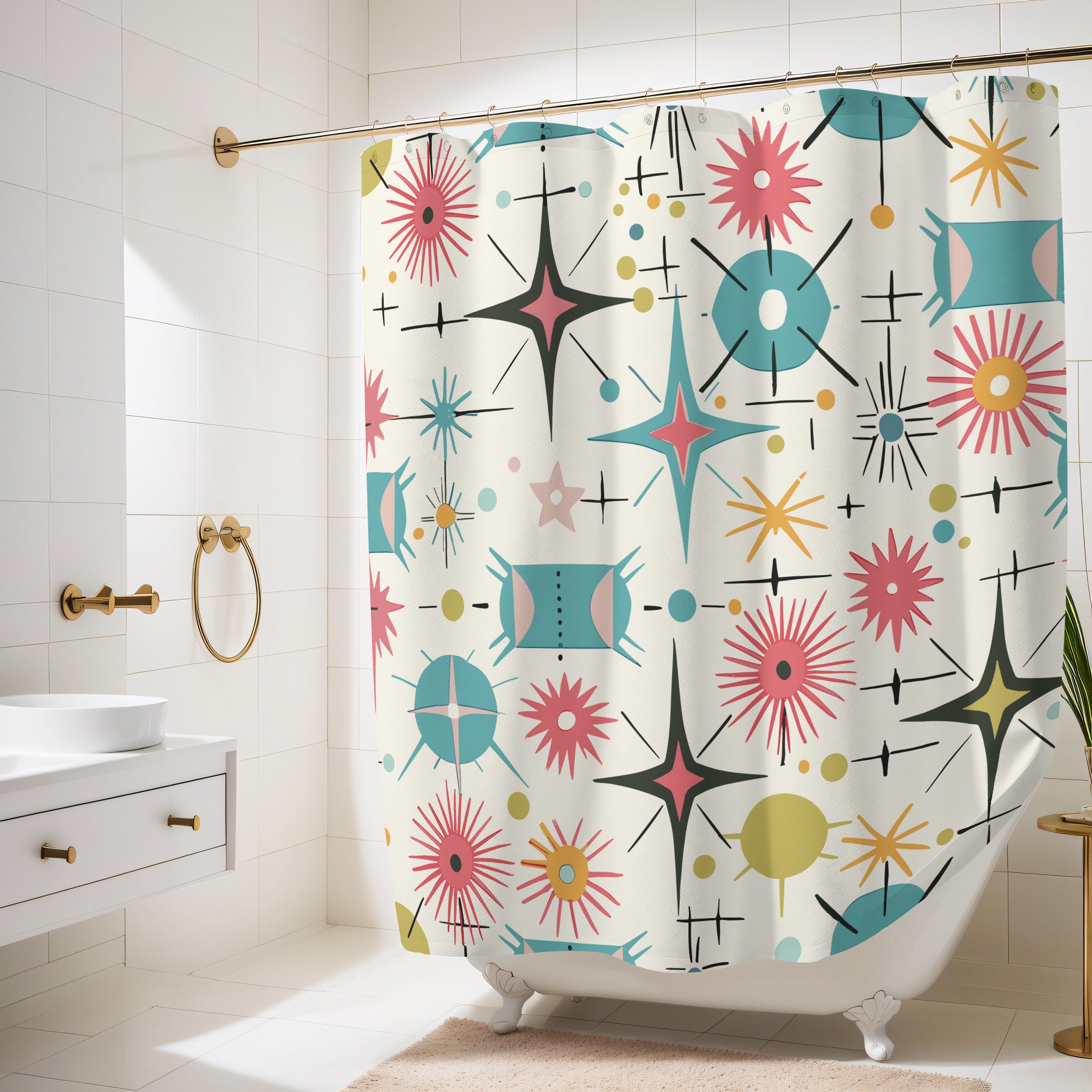 Retro Atomic Starburst Shower Curtain Mid Century Modern Bathroom Decor