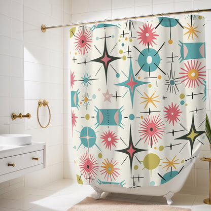Retro Atomic Starburst Shower Curtain Mid Century Modern Bathroom Decor