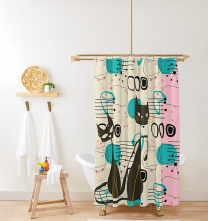 Mid Century Modern Atomic Cat Shower Curtain, Retro Boomerang Starbursts Pink, Turquoise, and Black Bath Decor